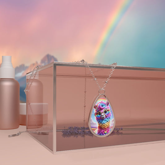 Alfie the Adventurous Alpaca Teardrop Necklace – Imaginaria Whimsical Character Pendant | Rainbow Explorer Jewelry