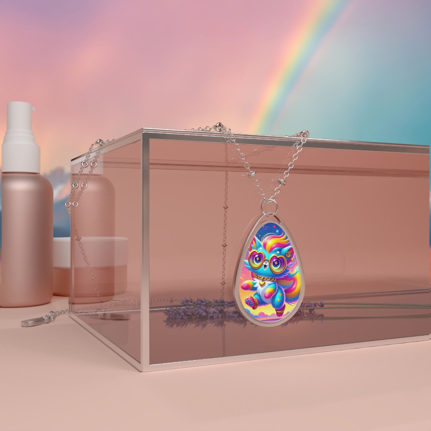 Luna the Rainbow Cat Teardrop Necklace – Imaginaria Whimsical Cosmic Pendant | Rainbow Character Jewelry