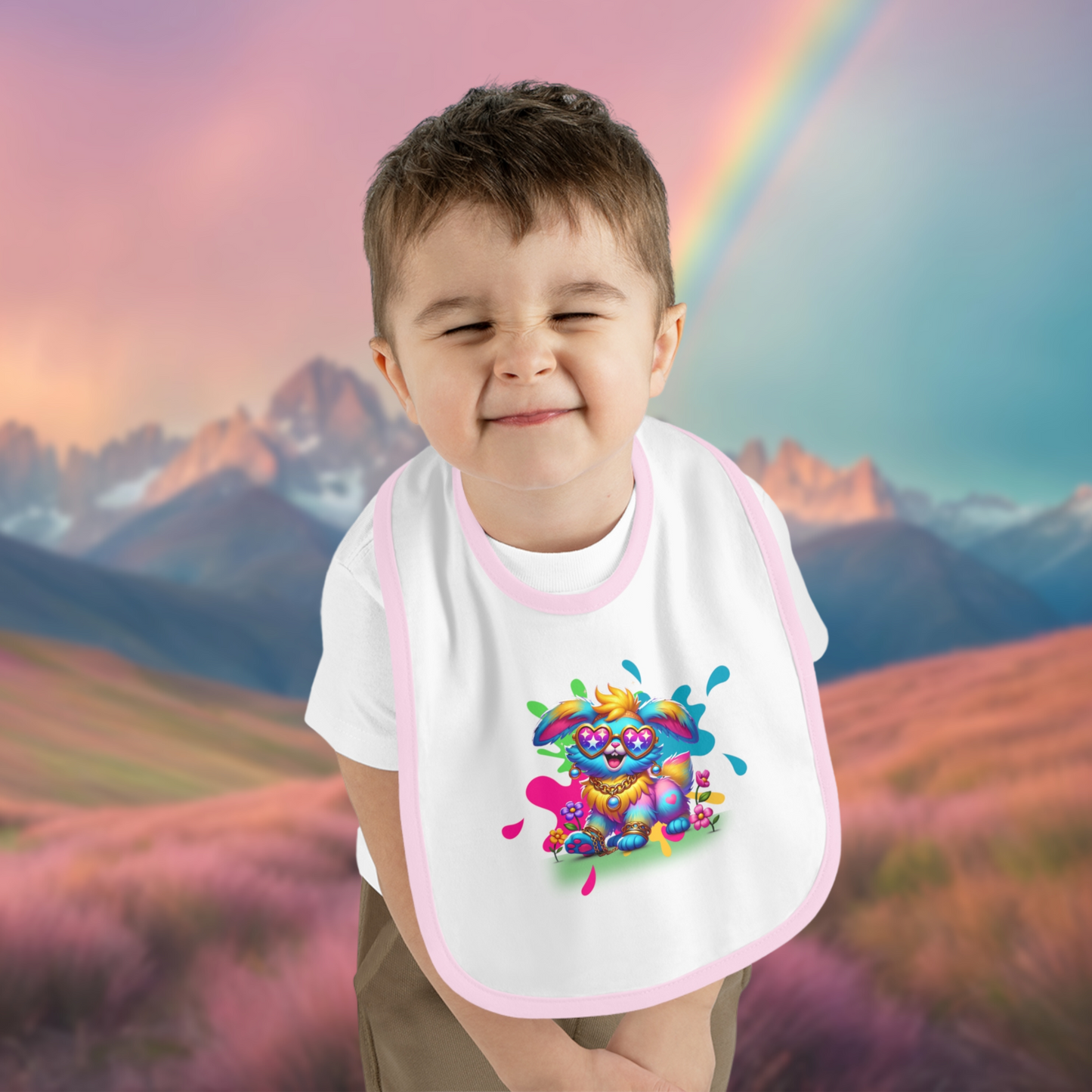 Rosie the Radiant Rabbit Baby Bib – Imaginaria Whimsical Bunny Infant Bib | Colorful Baby Shower Gift