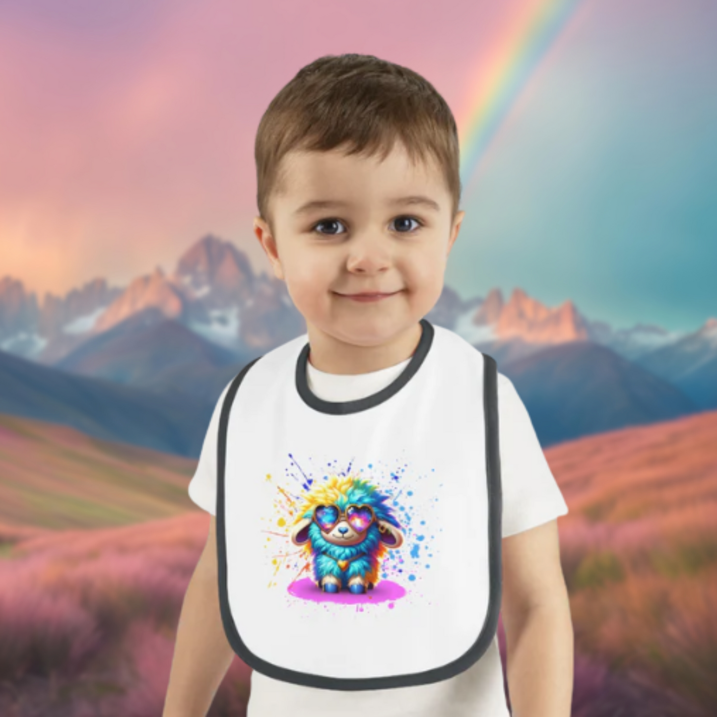 Sunny the Snuggly Sheep Baby Bib – Imaginaria Cozy Rainbow Infant Bib | Galaxy Heart Glasses Baby Shower Gift