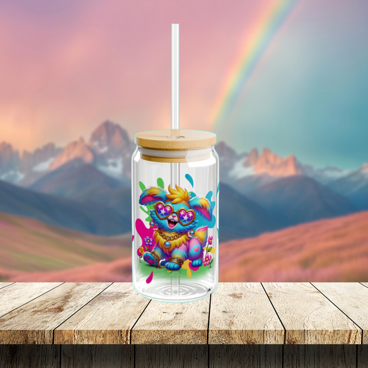Rosie the Radiant Rabbit Glass Can – 16oz Sipper with Bamboo Lid & Straw | Imaginaria Drinkware