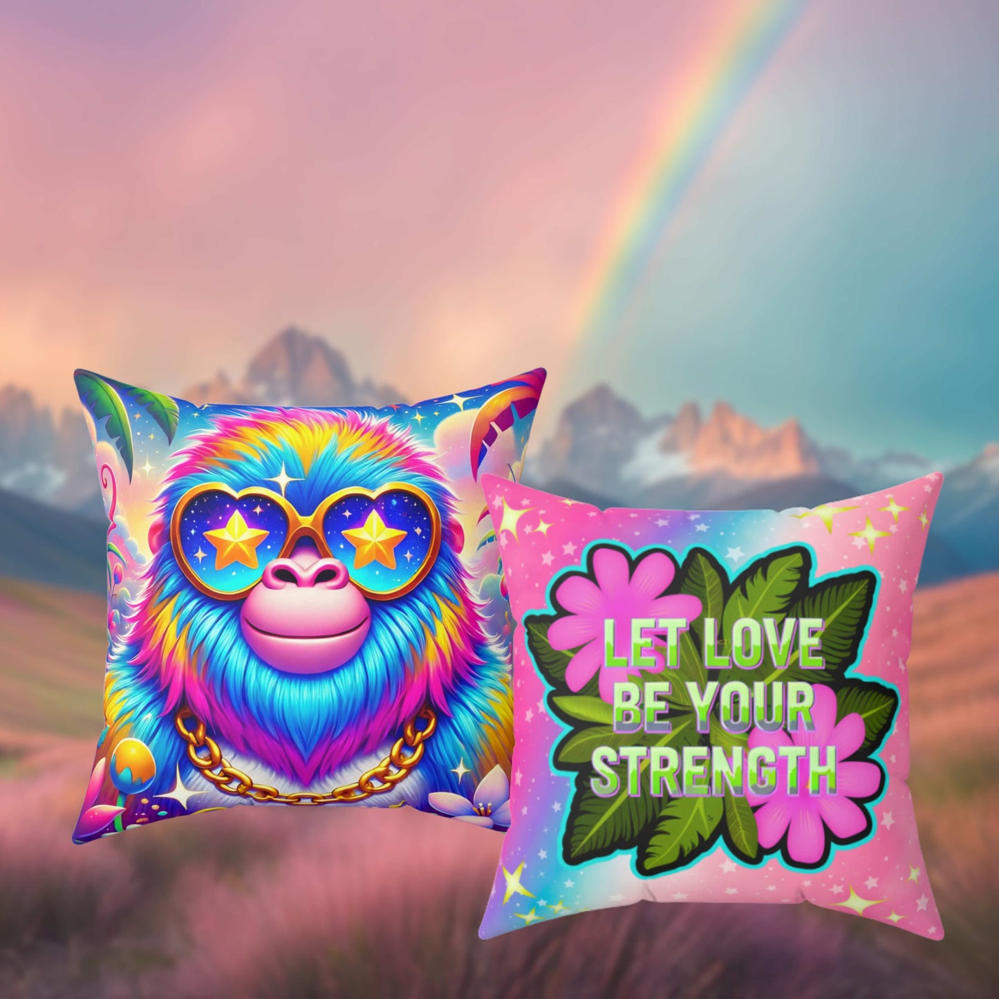 Gogo the Gentle Gorilla Faux Suede Throw Pillow – “Let Love Be Your Strength” Quote | Imaginaria Home Decor