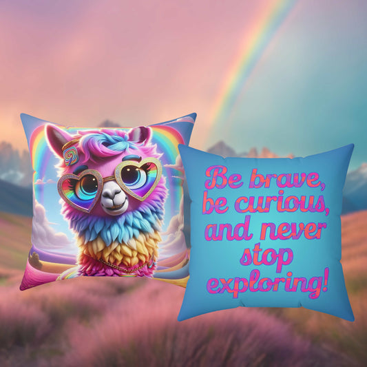 Alfie the Adventurous Alpaca Faux Suede Throw Pillow – “Be Brave, Be Curious” Quote | Imaginaria Home Decor