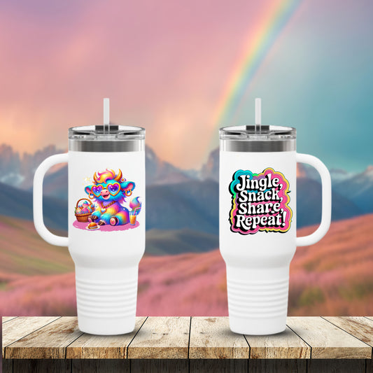 Carlos the Caring Cow 40oz Tumbler – Imaginaria Mug with Quote | “Jingle. Snack. Share. Repeat!”