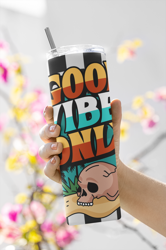 Retro Skull Checker Stainless Steel Tumbler - Good Vibes Only