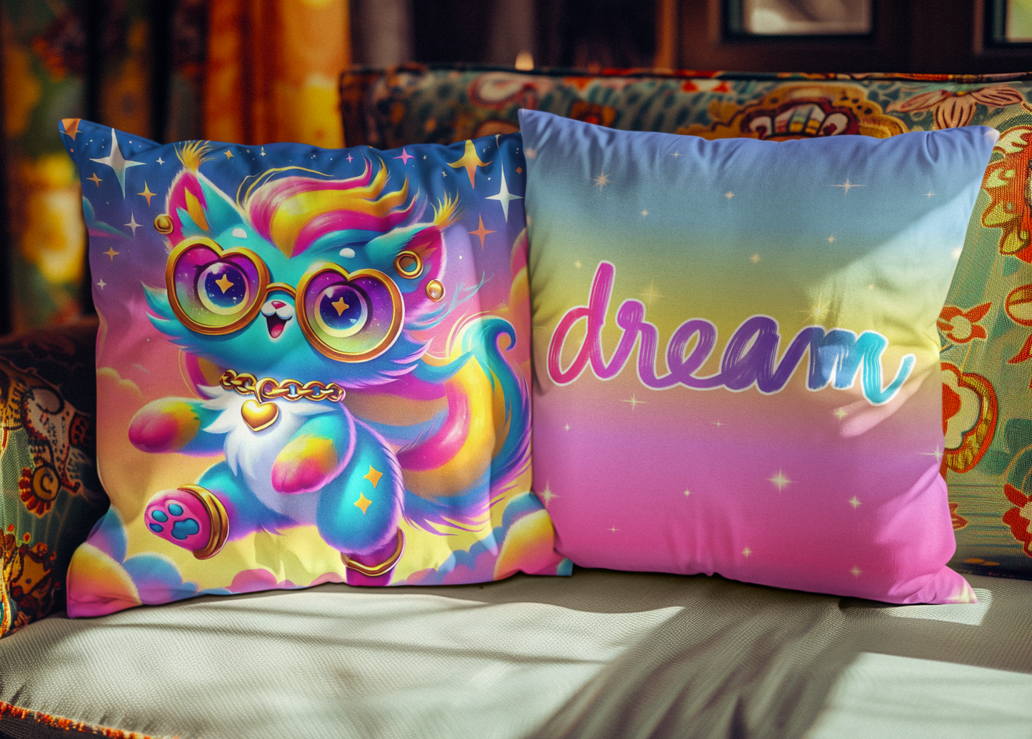 Luna the Rainbow Cat Faux Suede Throw Pillow – “Dream” Quote Pillow | Imaginaria Home Decor