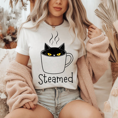 Steamed Cat Mug Tee – Sassy, Spooky, and Caffeinated