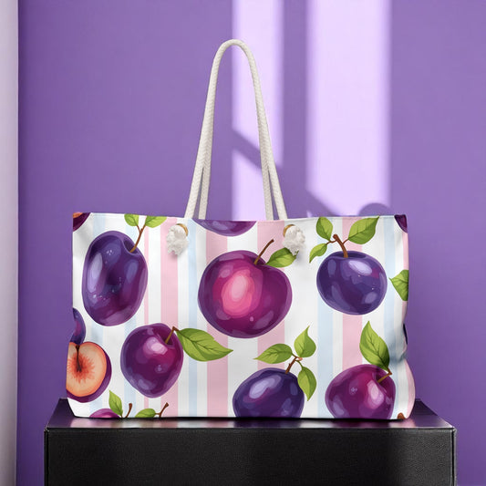 Plum Tote Bag – Purple Fruit Weekender with Pastel Stripes | Cute Summer Beach Bag with Rope Handles | Kawaii Aesthetic Gift Idea