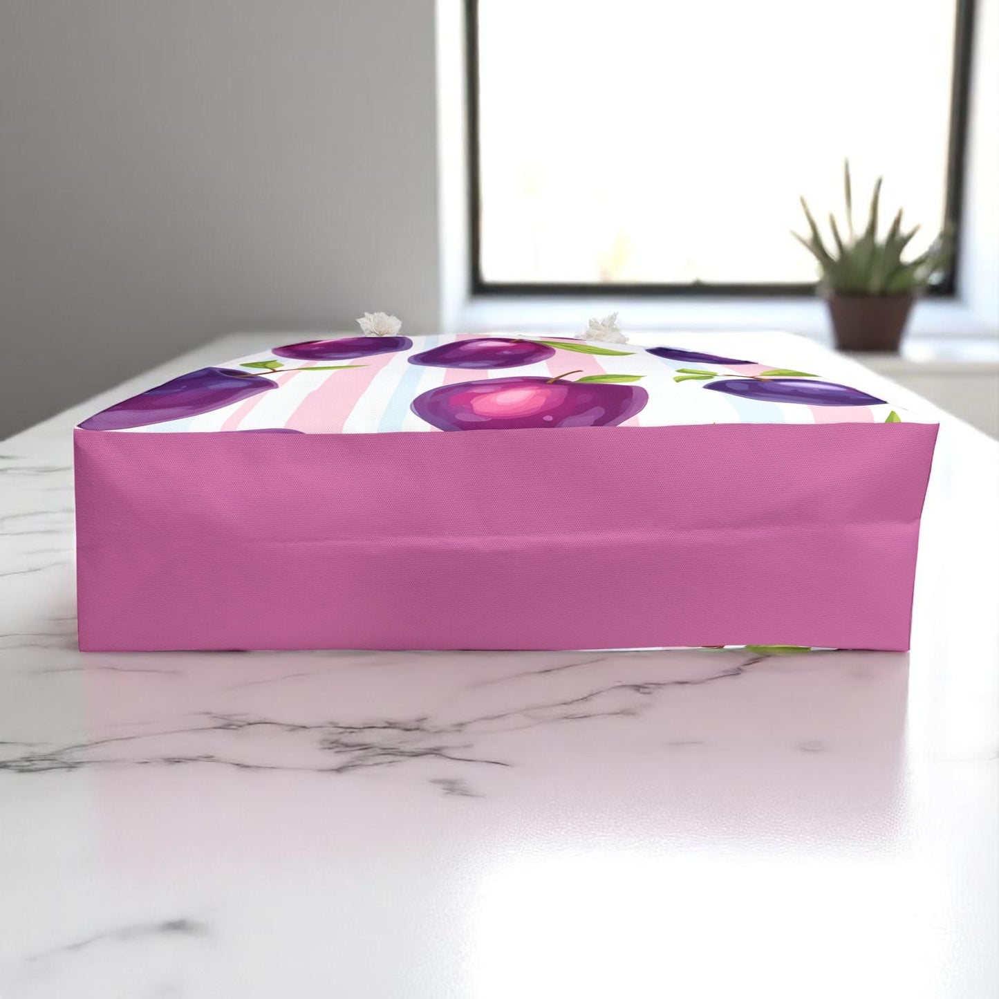 Plum Tote Bag – Purple Fruit Weekender with Pastel Stripes | Cute Summer Beach Bag with Rope Handles | Kawaii Aesthetic Gift Idea