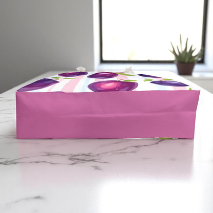 Plum Tote Bag – Purple Fruit Weekender with Pastel Stripes | Cute Summer Beach Bag with Rope Handles | Kawaii Aesthetic Gift Idea