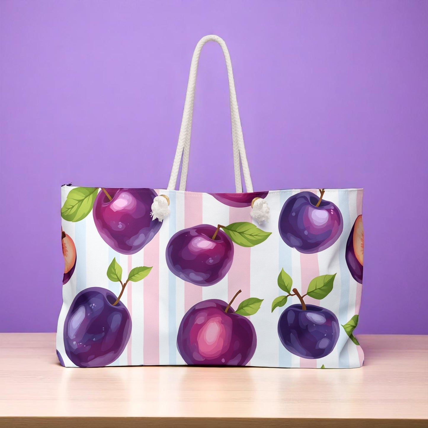 Plum Tote Bag – Purple Fruit Weekender with Pastel Stripes | Cute Summer Beach Bag with Rope Handles | Kawaii Aesthetic Gift Idea