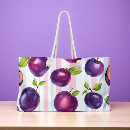 Plum Tote Bag – Purple Fruit Weekender with Pastel Stripes | Cute Summer Beach Bag with Rope Handles | Kawaii Aesthetic Gift Idea