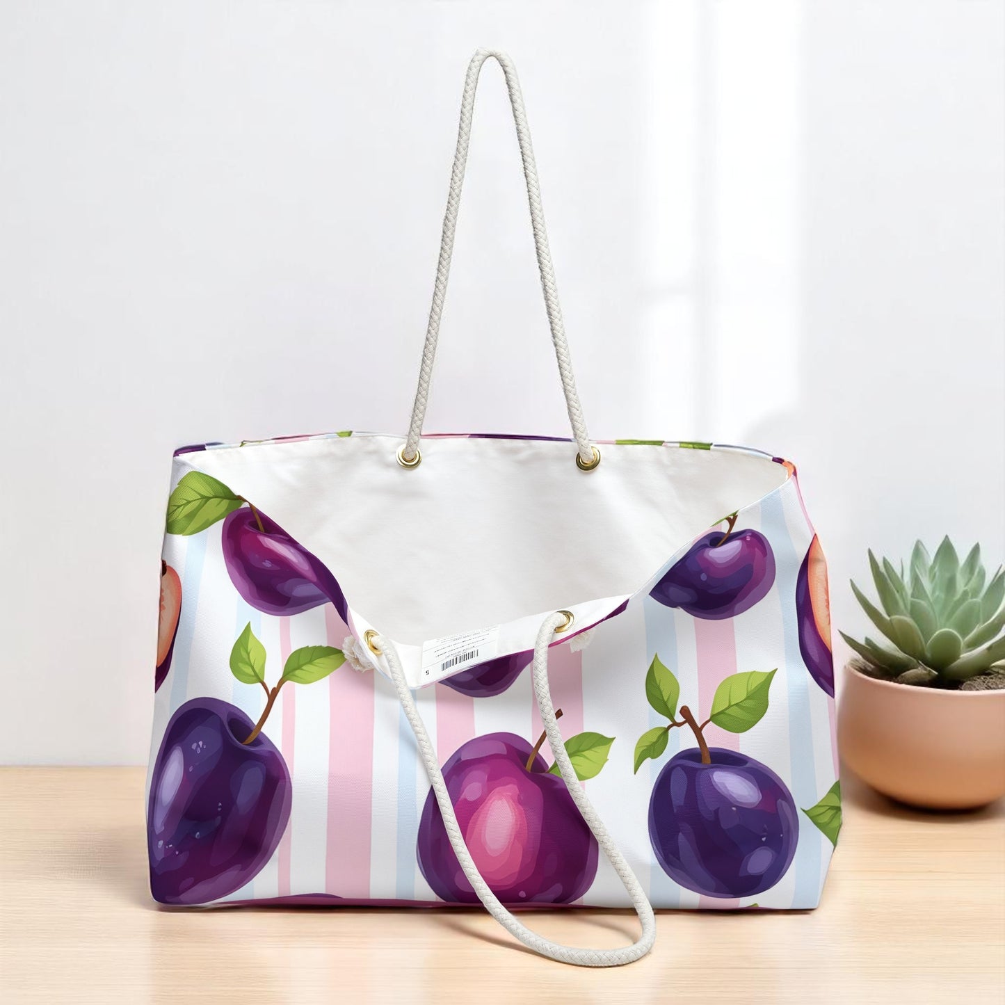 Plum Tote Bag – Purple Fruit Weekender with Pastel Stripes | Cute Summer Beach Bag with Rope Handles | Kawaii Aesthetic Gift Idea