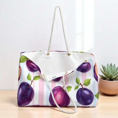 Plum Tote Bag – Purple Fruit Weekender with Pastel Stripes | Cute Summer Beach Bag with Rope Handles | Kawaii Aesthetic Gift Idea
