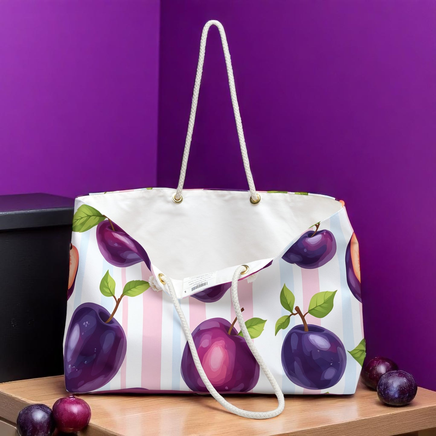 Plum Tote Bag – Purple Fruit Weekender with Pastel Stripes | Cute Summer Beach Bag with Rope Handles | Kawaii Aesthetic Gift Idea