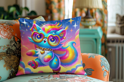 Luna the Rainbow Cat Faux Suede Throw Pillow – “Dream” Quote Pillow | Imaginaria Home Decor